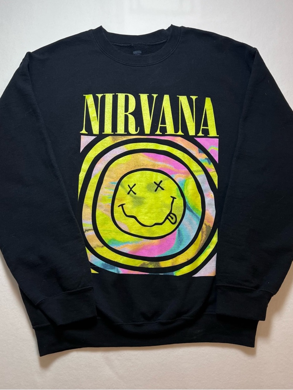 NIRVANA Black Crewneck with Neon Tie-Dye Smiley